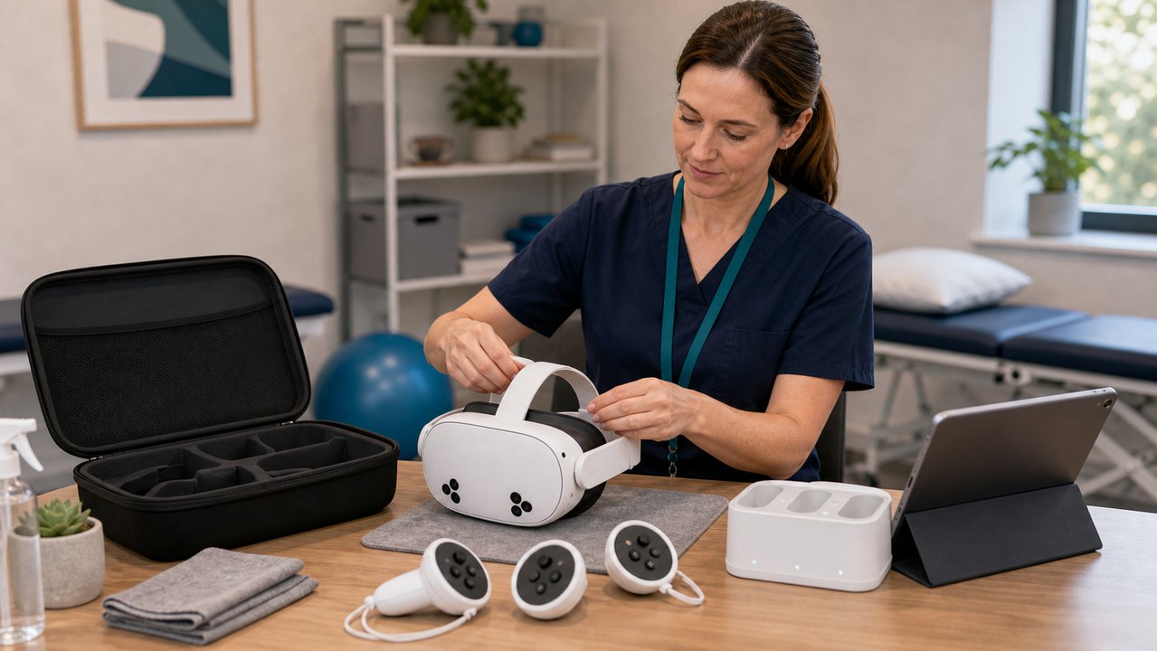 Therapist setting up a mixed-reality headset, controllers, tablet, and charging dock