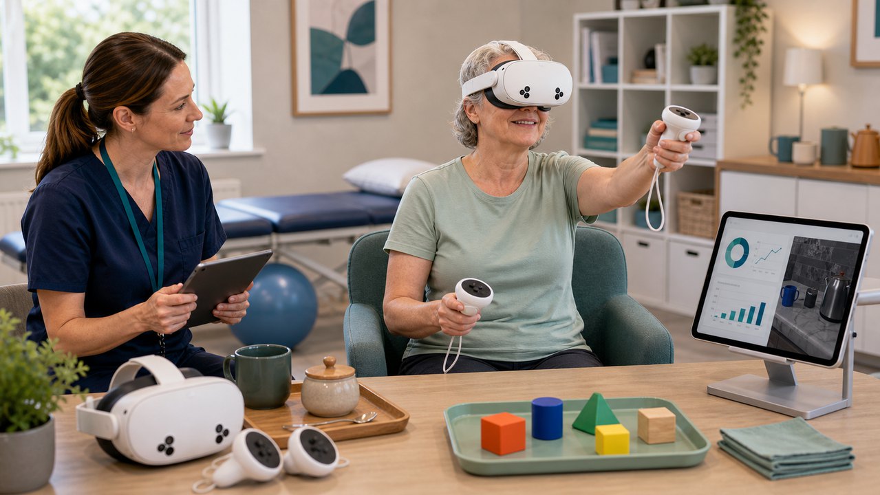 Occupational therapist supporting an adult headset-based activity session