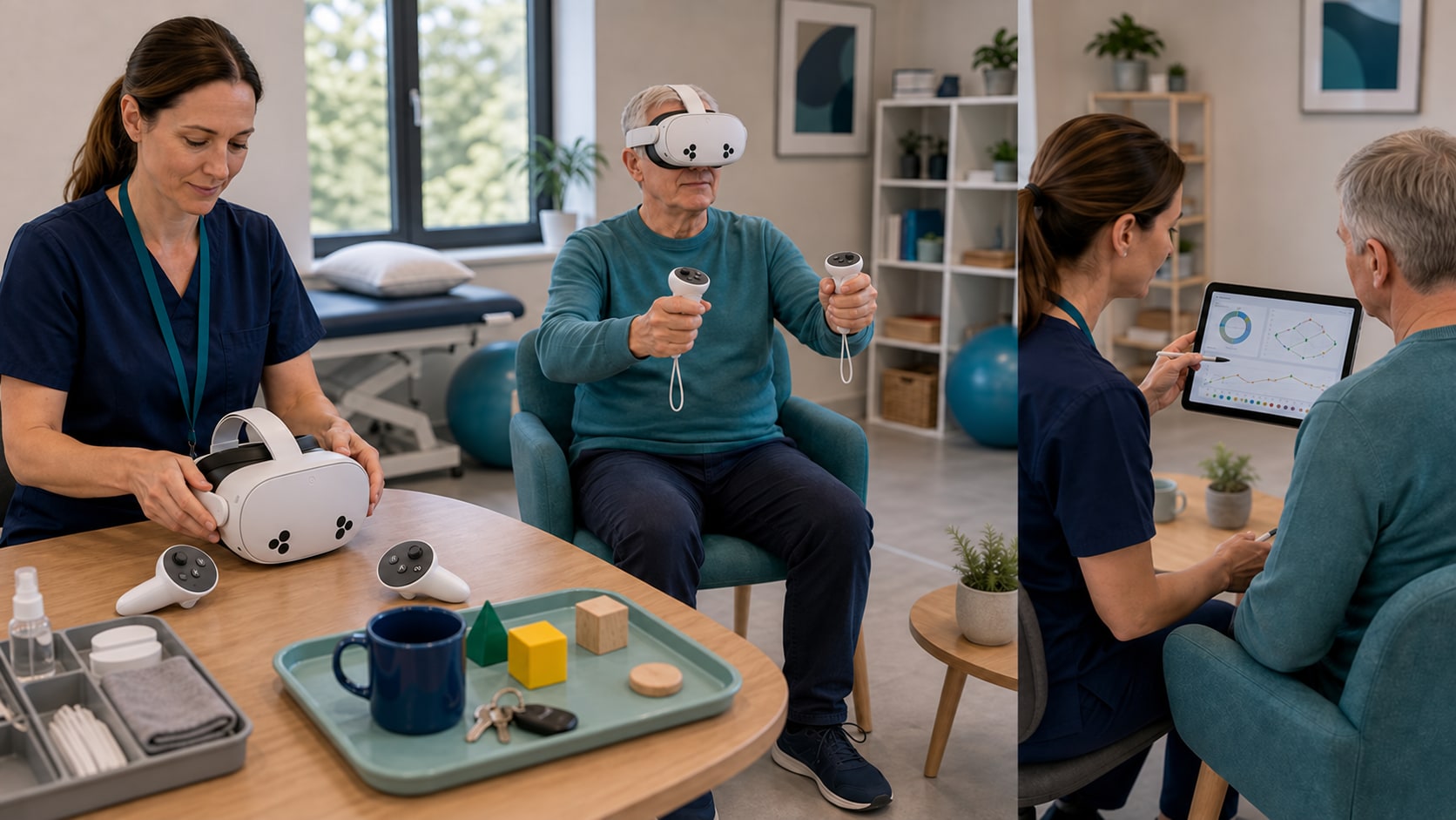Therapist moving from headset setup to supervised activity and session review