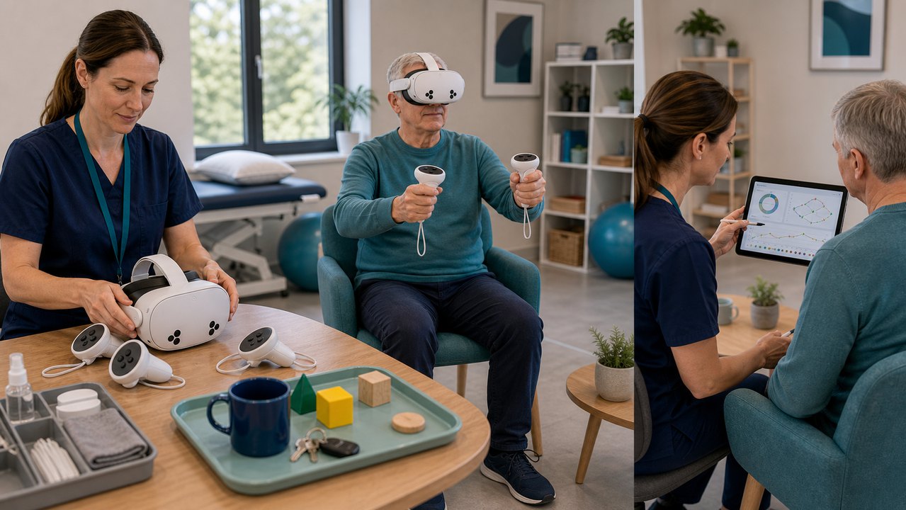 Therapist moving from headset setup to supervised activity and session review