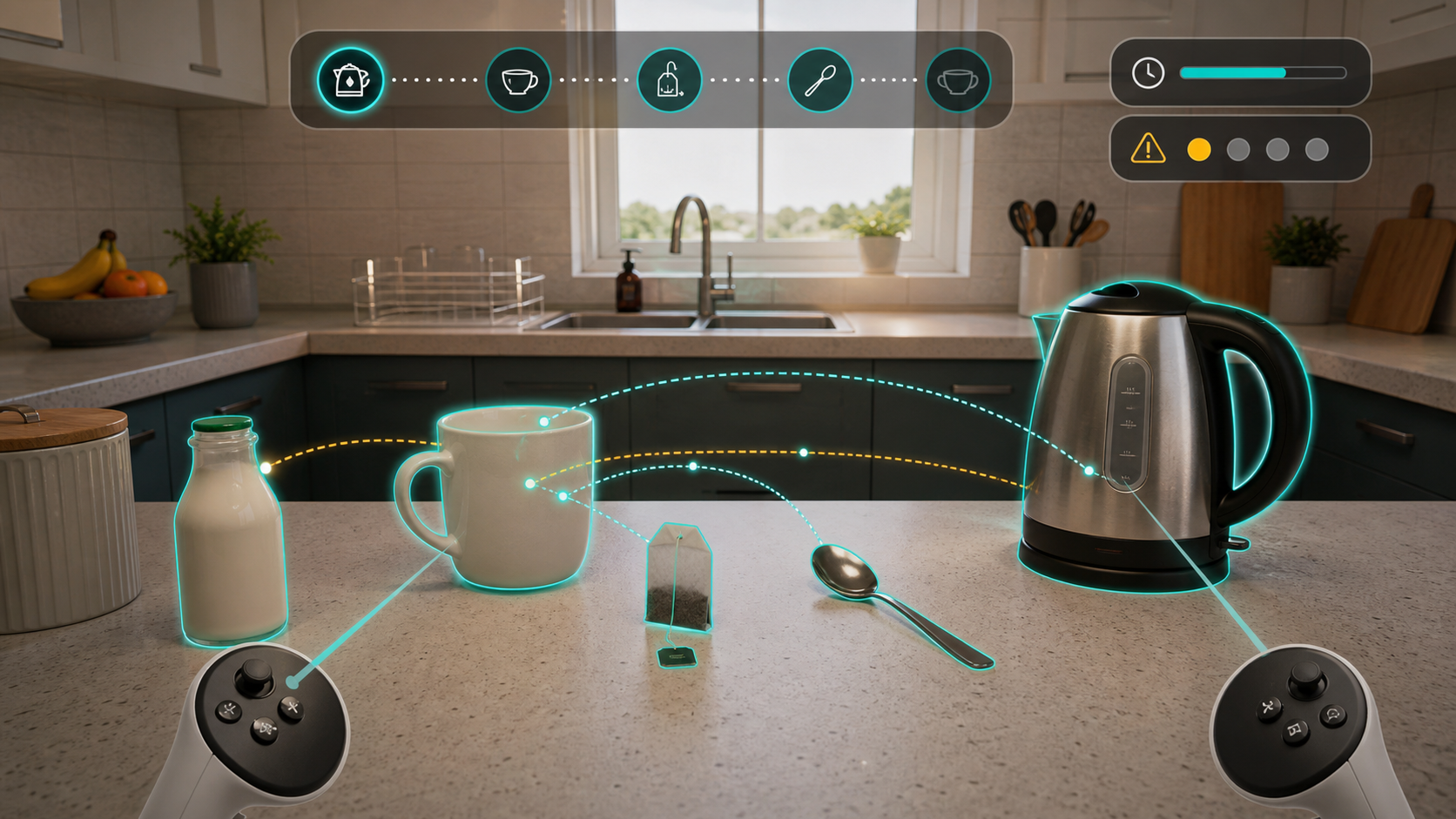 Virtual make-a-cup-of-tea activity with kettle, mug, teabag, milk, and step-by-step task cues