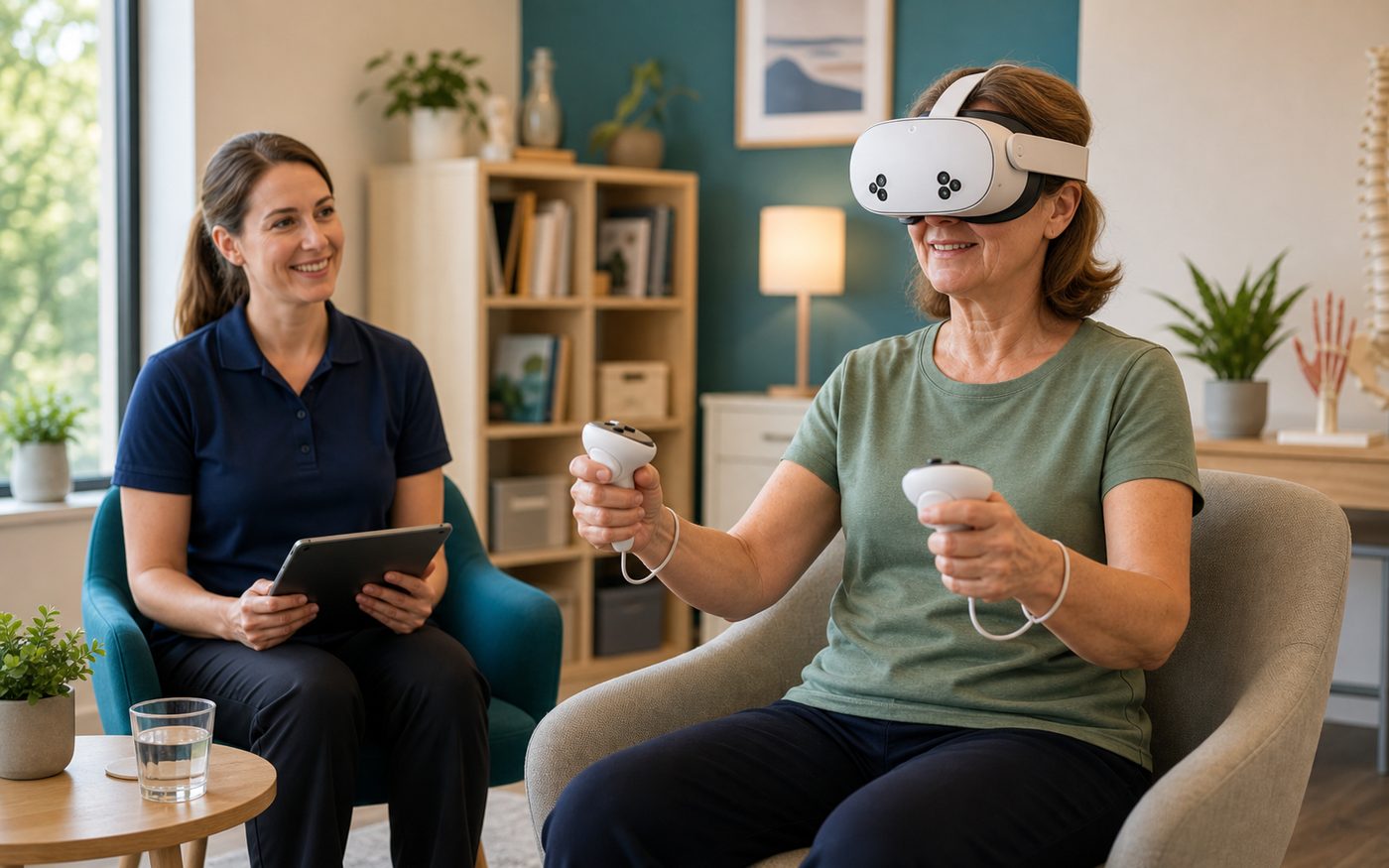 Therapist supervising a Quest 3S immersive activity session in a private therapy practice