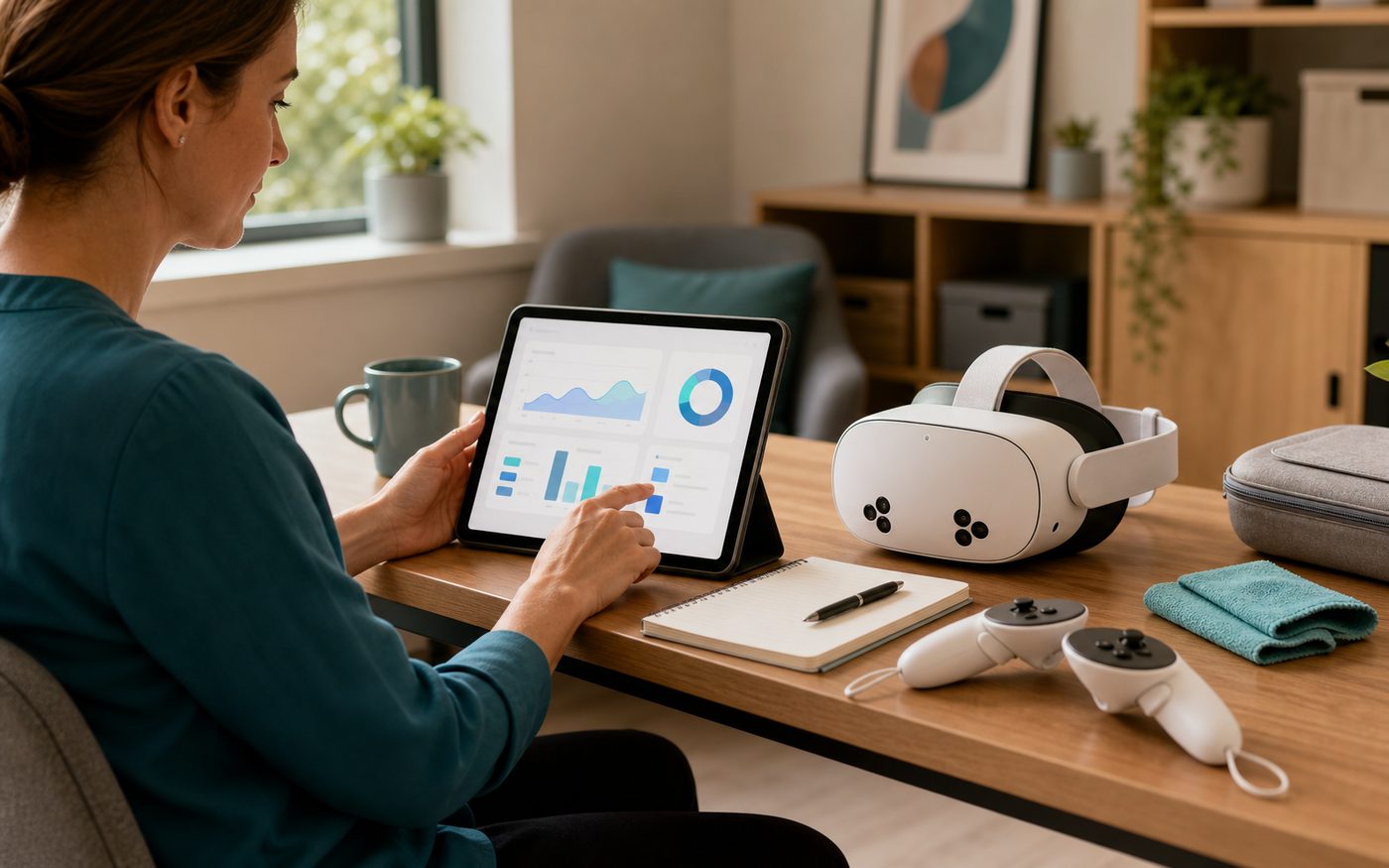 Therapist reviewing Studio session summary material beside a Quest 3S headset and controllers