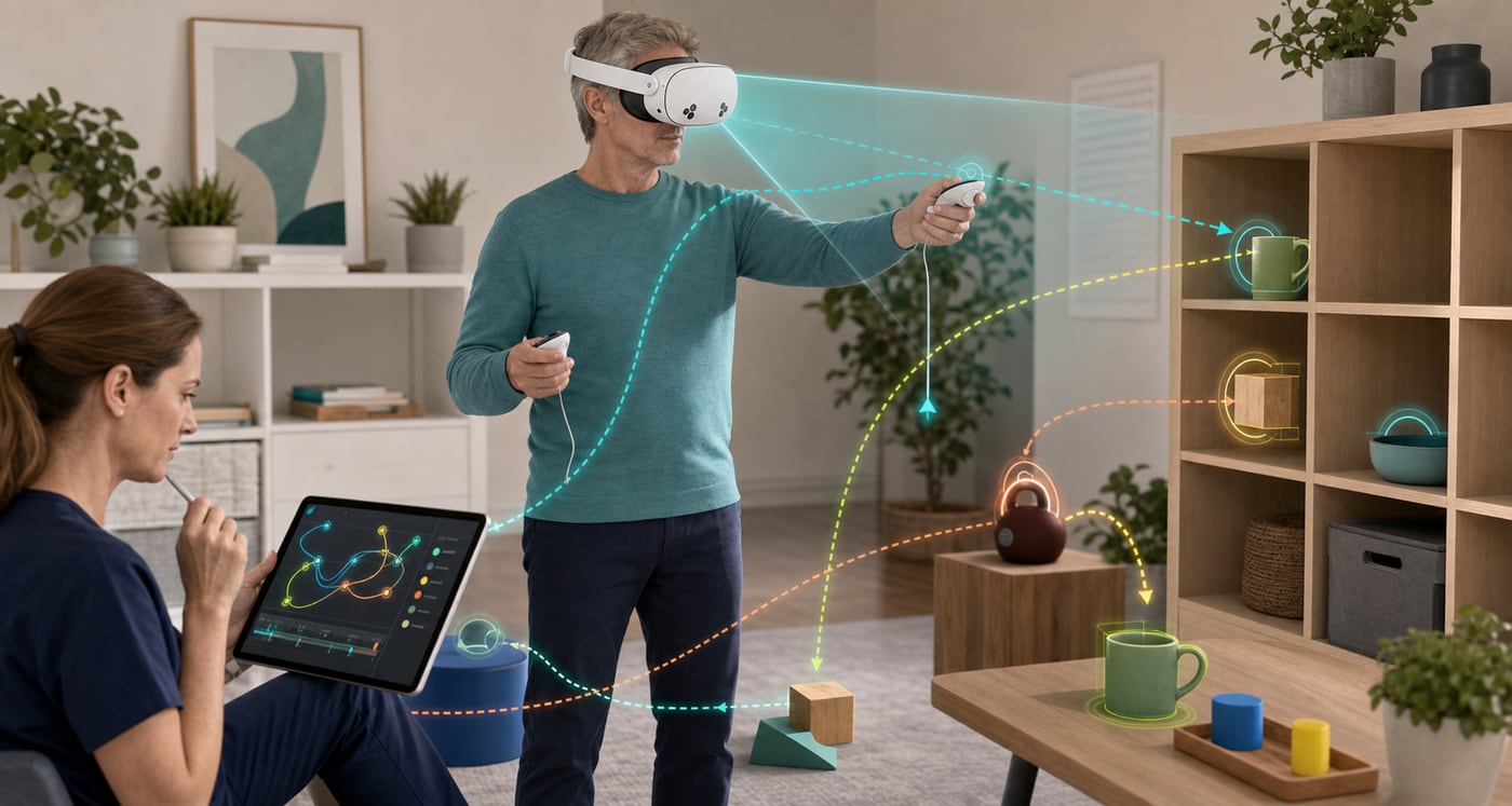 Client using a Quest 3S-style headset in a spatial activity while a therapist reviews view-direction and interaction traces on a tablet