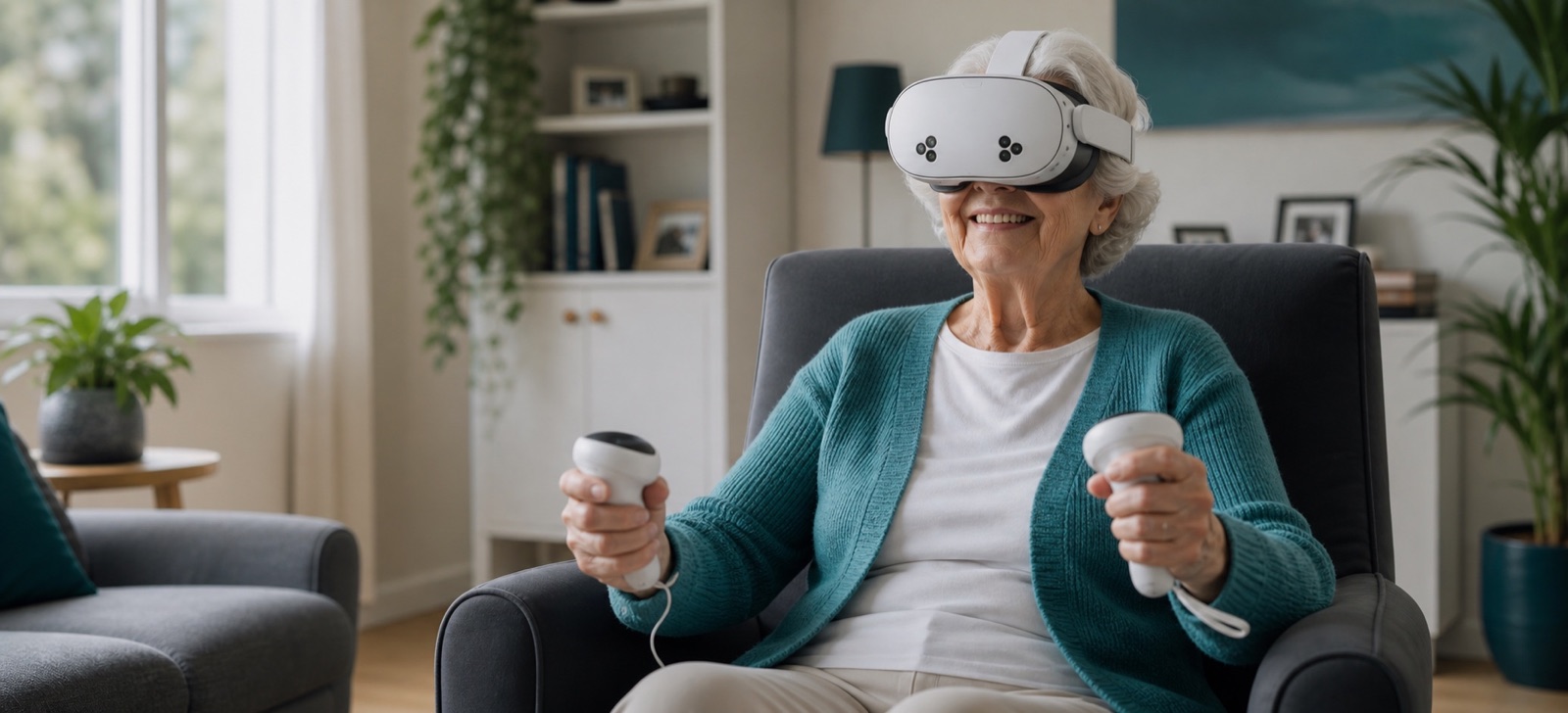 Older woman seated at home using a modern VR headset and controllers