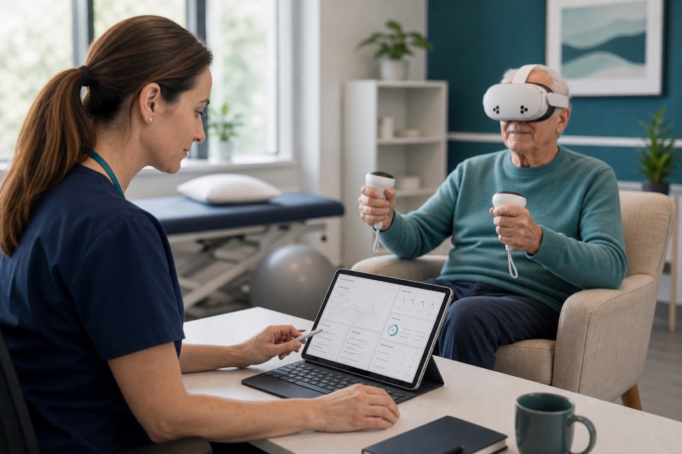 Clinician reviewing portal data while a patient uses a Quest 3 style VR headset