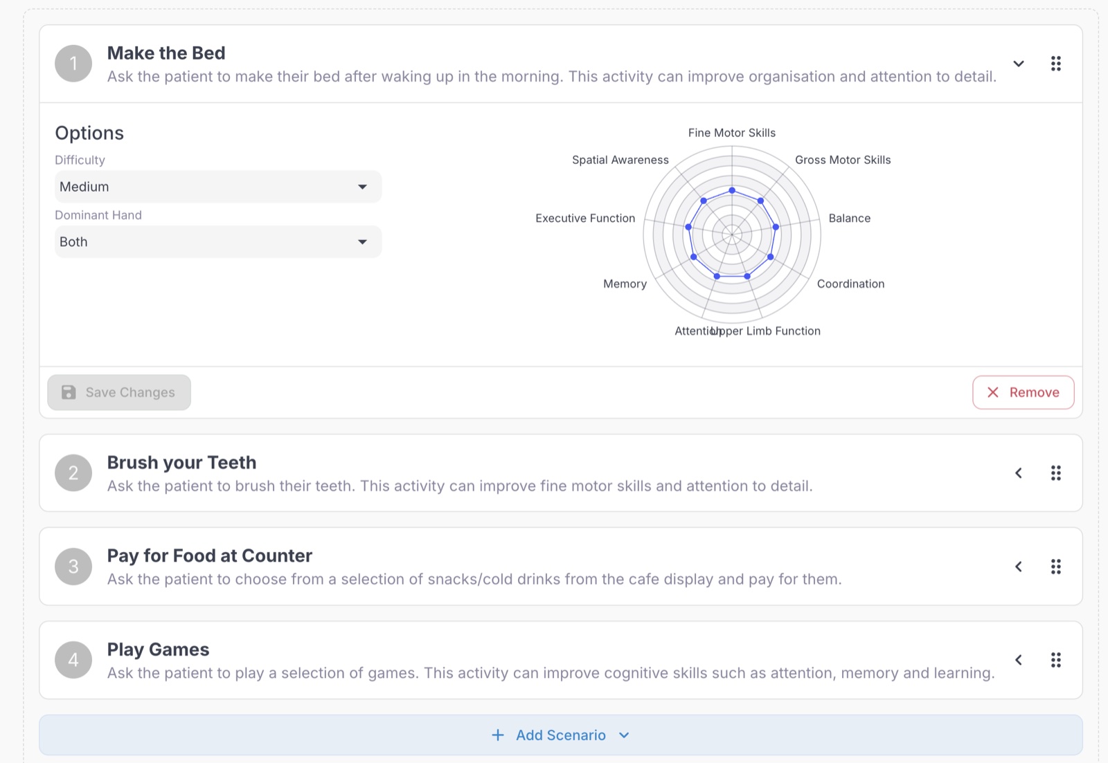 CorteXR portal programme grading screen showing activity difficulty and cognitive skill grading