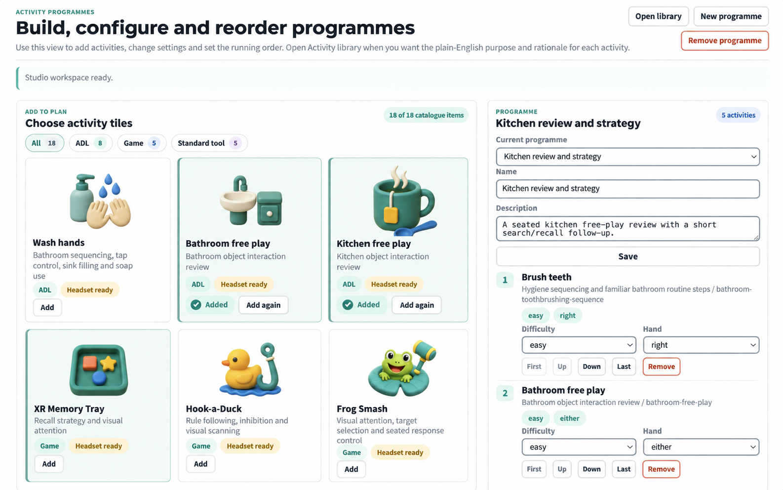 CorteXR Studio portal showing occupational therapy activities being selected, configured, and ordered into a programme