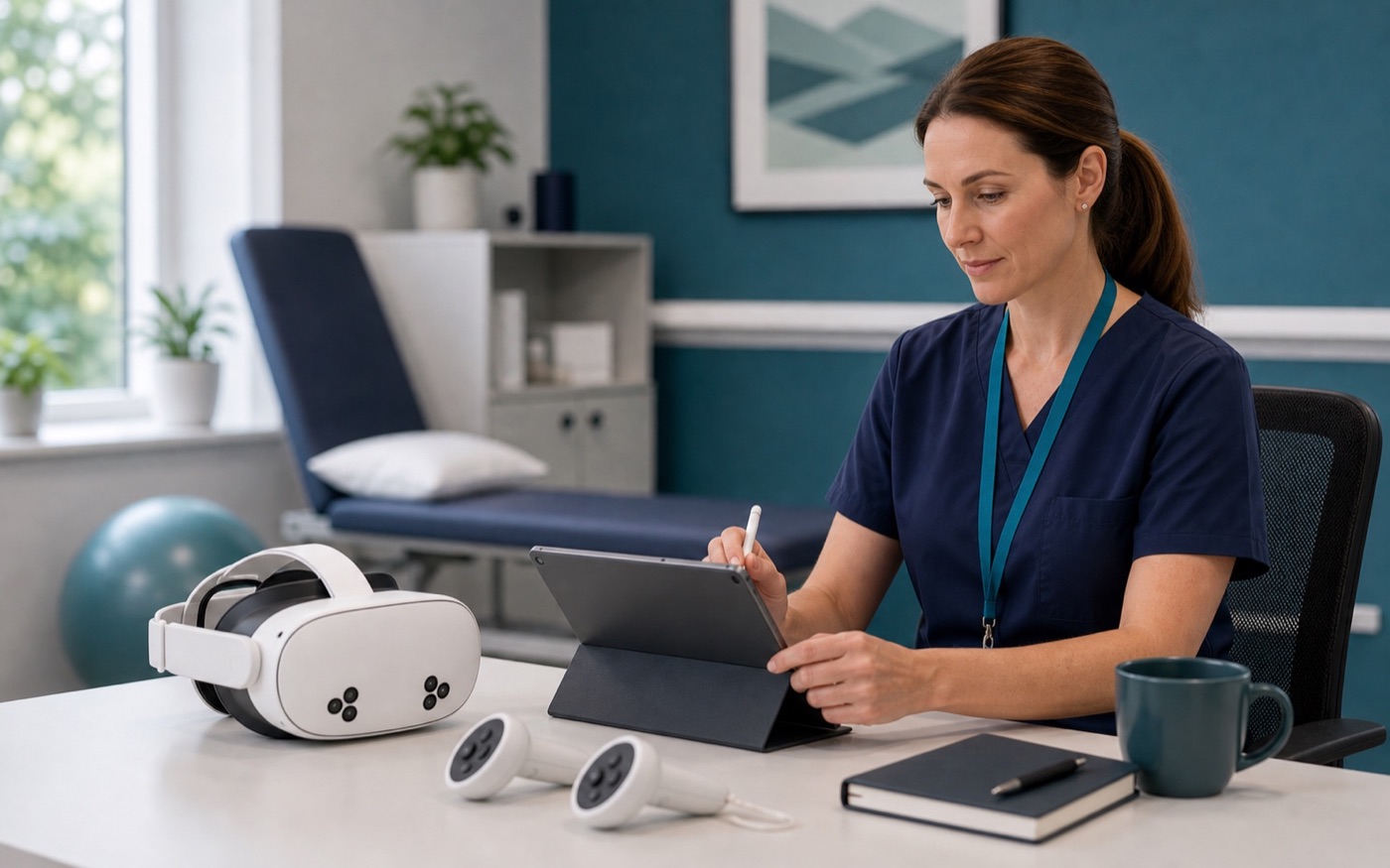 Clinician preparing a Meta Quest 3 style headset and controllers for VR rehabilitation