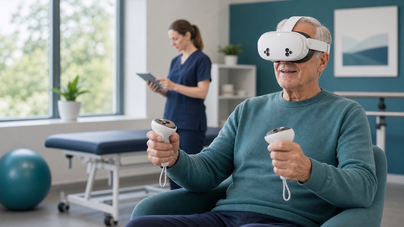 Older stroke survivor using a Meta Quest 3 style headset and controllers in a rehabilitation room