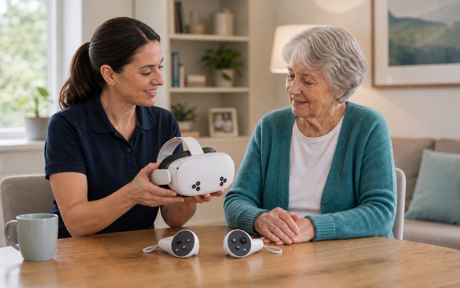 Helper explaining a Meta Quest 3S headset and Touch Plus controllers to an older patient