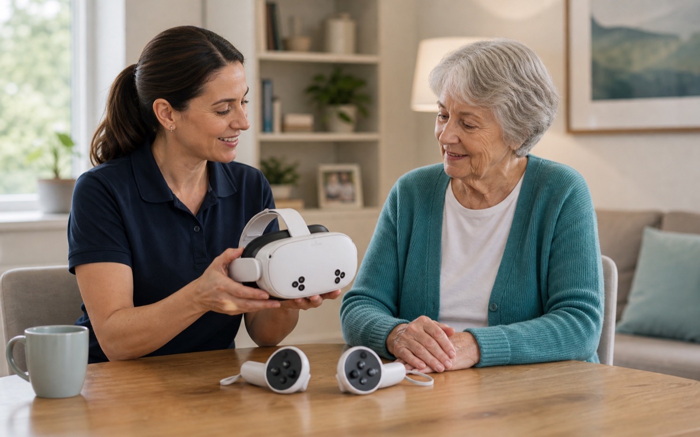 Helper explaining a Meta Quest 3 style headset and controllers to an older patient