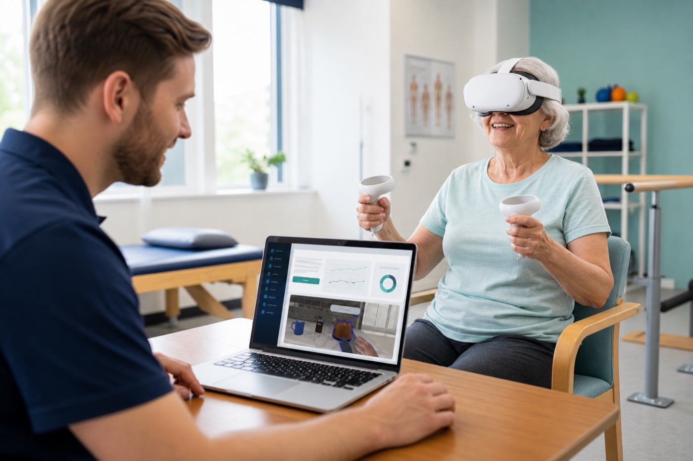 Clinician reviewing a casted VR therapy session on a laptop while a patient uses a Quest 3 style headset
